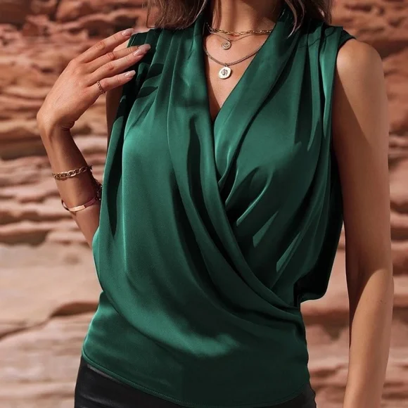 Luxe Satin Overlap Sleeveless Work Office Top - Picture 5 of 16